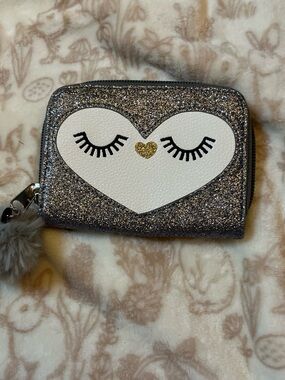 Glitter Heart Zip Wallet with Pom Keychain - Silver